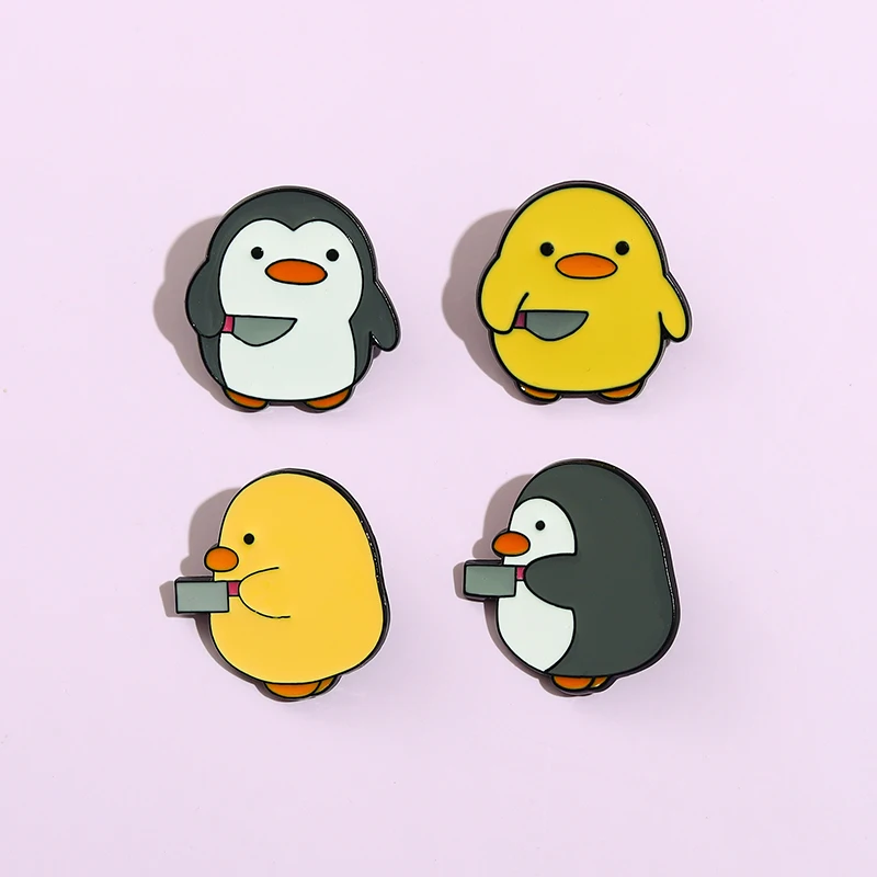 Cute Black and White Penguin Snimal Enamel Brooch Pins Creative Yellow Duck Hold Knife Lapel Badges Jewelry Accessories Gifts