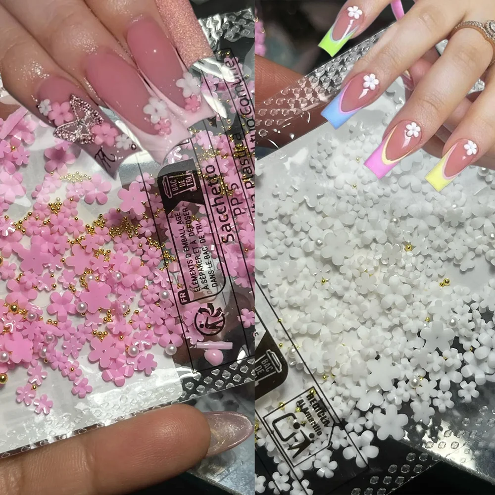 

1Bag-200pcs 3D Pink&White Acrylic Flower Nail Charms with Beads/Pearls Nail Art Decorations Resin Five-Petal Floral Nail Parts