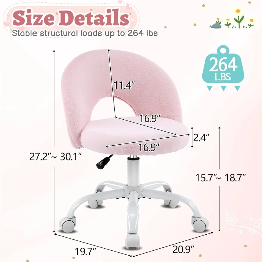 Small Vanity Chair with Faux Fur Wheels for Girls, Cute Adjustable Height Armless Office Desk Chair, 360° Swivel Comfy Rolling F