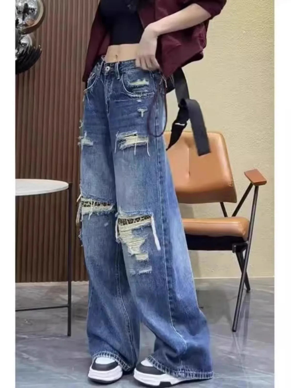 

Весенние новые женские широкие джинсы больших размеров с высокой талией, прямой крой, свободный крой, длина до пола, рваные джинсовые брюки с эффектом похудения