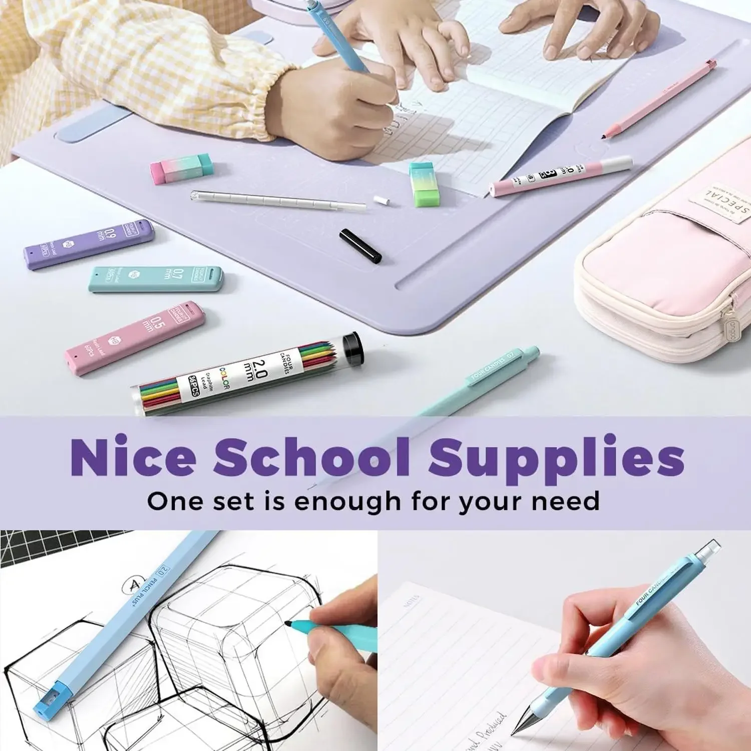 Four Candies 36PCS Learning Materials, Aesthetic School Supplies in Large Capacity Pencil Case, 12PCS Mechanical Pencils 0.5-2.0mm with 624PCS Lead Refills,Cute Aesthetic Mechanical Pencils for Writing,Drawing & Drafting, Back to School Supplies Shopping view 7