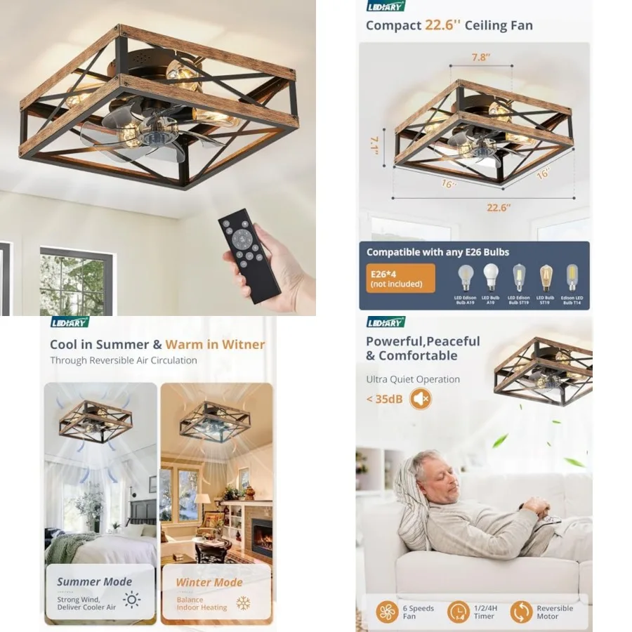 Caged Low Profile Ceilg Fans with Lights and Remote, Rustic Square Flush Mount Ceilg Fan, 6 Speed and Reversible, Small Farmhou