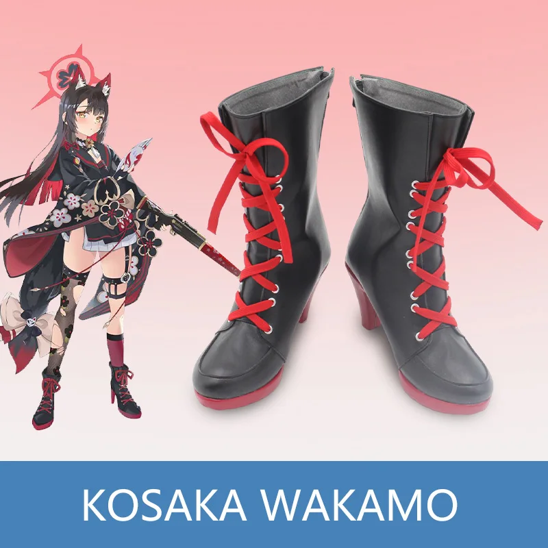 

Blue Archive Cos Kosaka Wakamo Cosplay Black Shoes Women Red String Customize Lace-up Boots