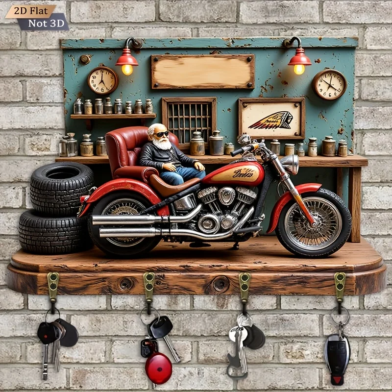 2D Flat. 1pc. Retro Motorcycle Key Hook - Wooden Multifunctional Decorative Key Holder with Four Metal Hooks, Wall Decoration,