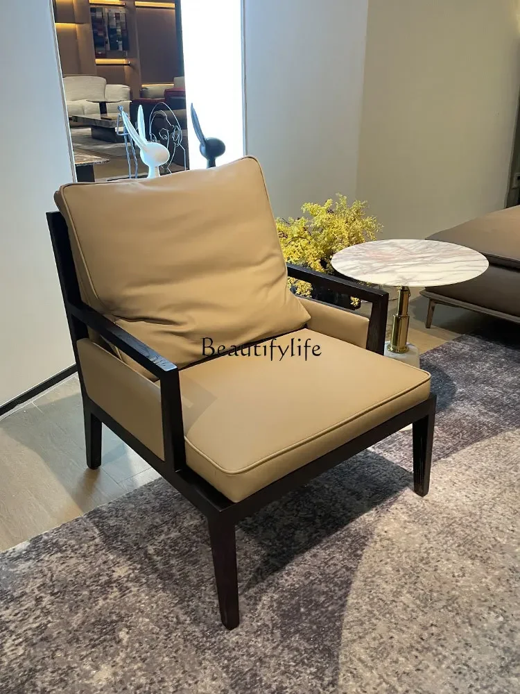 Casual single sofa chair minimalist first layer cowhide leather white wood solid wood office meeting chair