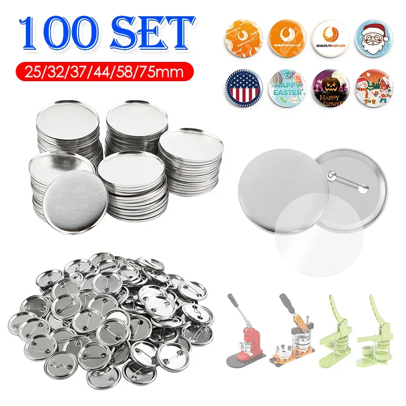 Emblema em branco e Pin Button Maker, fazendo peças, Punch Press Machine, suprimentos, 25mm, 32mm, 37mm, 44mm, 58mm, DIY, 100Set