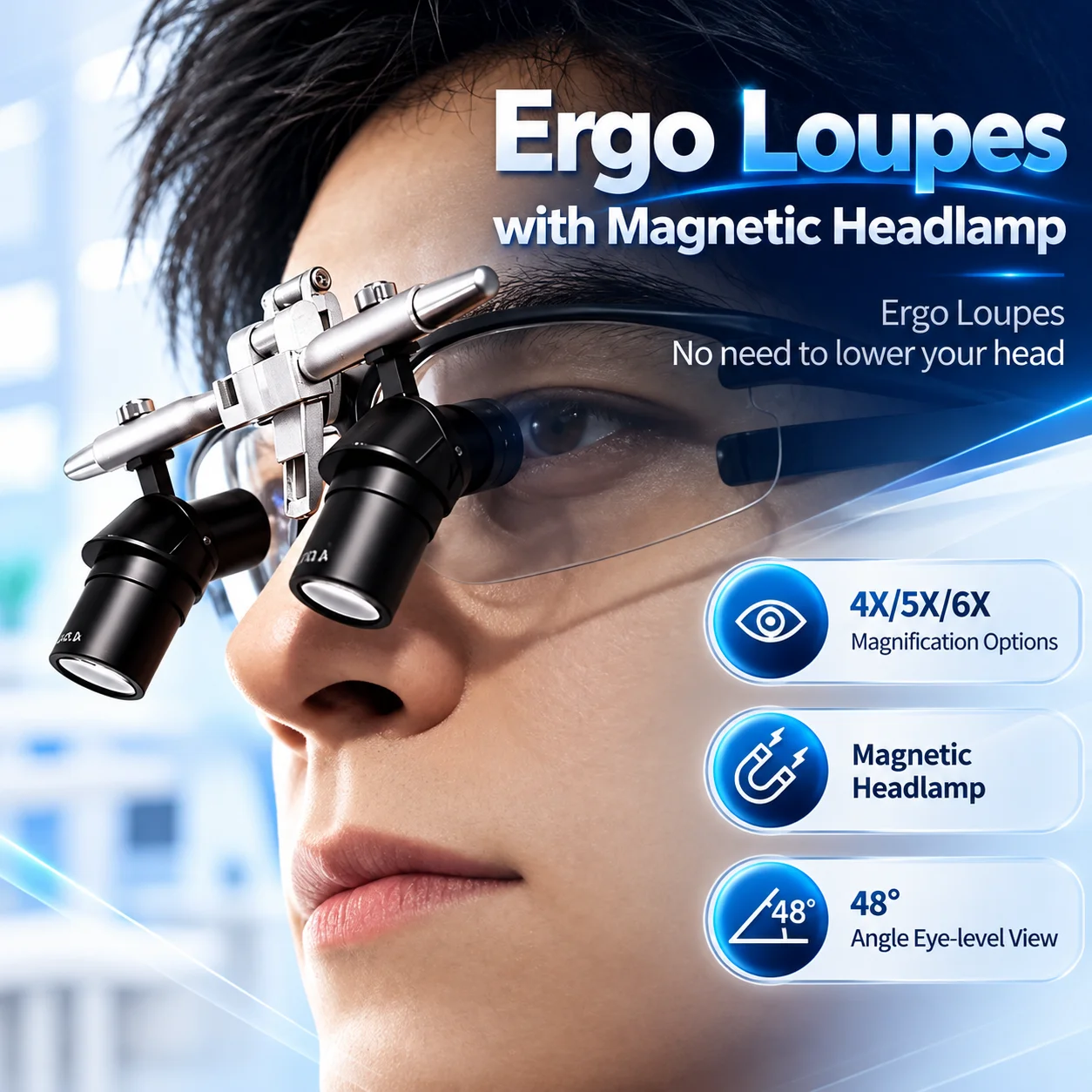 Dental Ergo Loupes 4X5X6X Medical Magnifying Glass 48 ° Optical Loupe Oral Surgery Turret Reduces Flip Up Loupes With Headlight