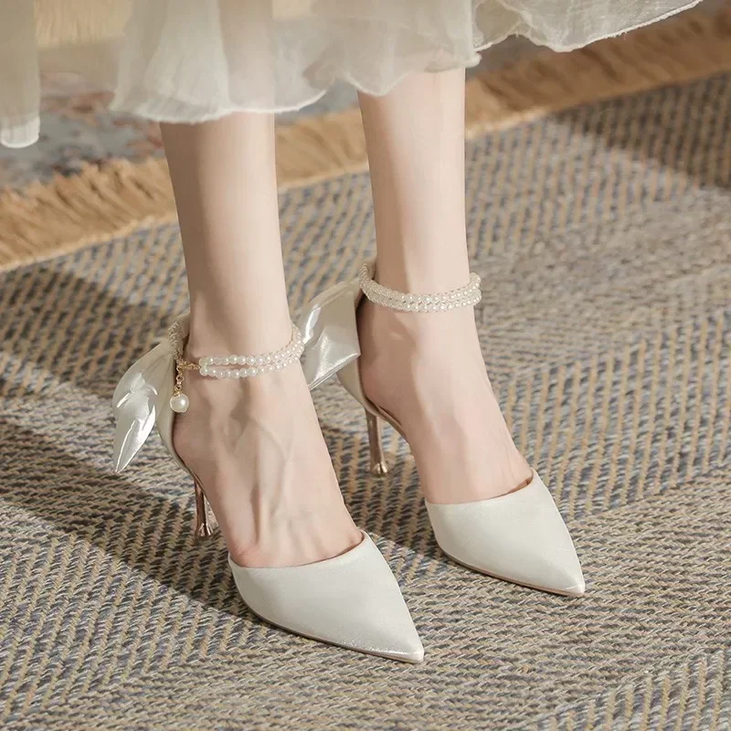 

New Silk Ankle Pearl White Pumps Design 8cm High Heels Women Pumps Stiletto Sexy Bow Strap Dress Wedding Bride Shoes Plus Size