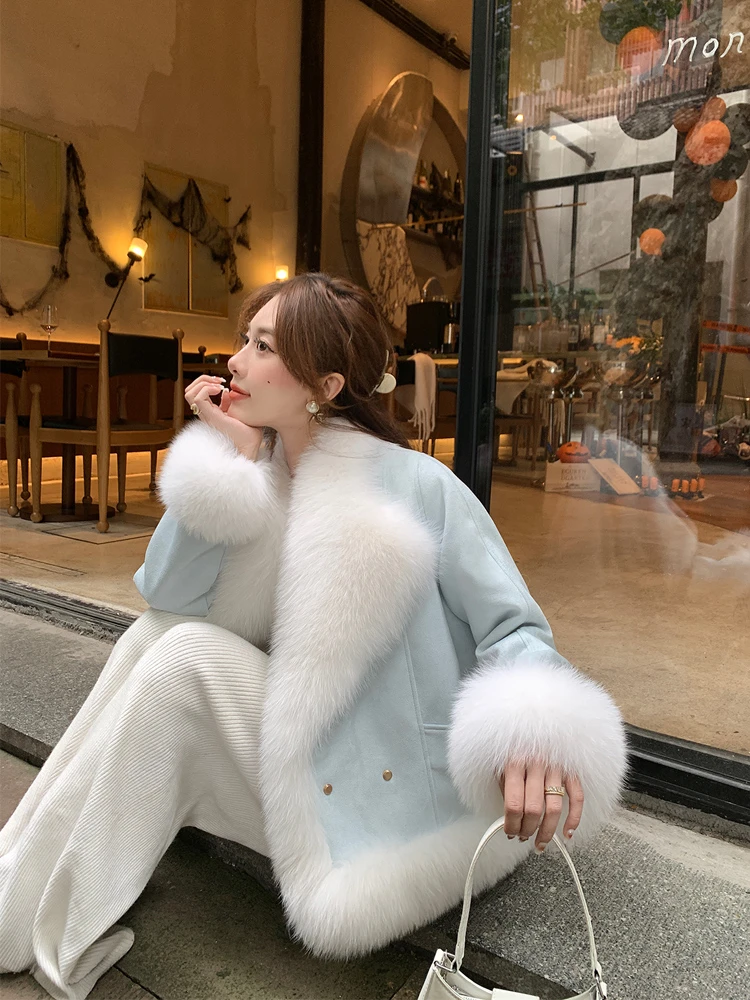 MENINA BONITA 2023 Natural Real Fox Fur Collar Real Rex Rabbit Fur Liner Streetwear Suede Winter Women Warm Luxury Outerwear