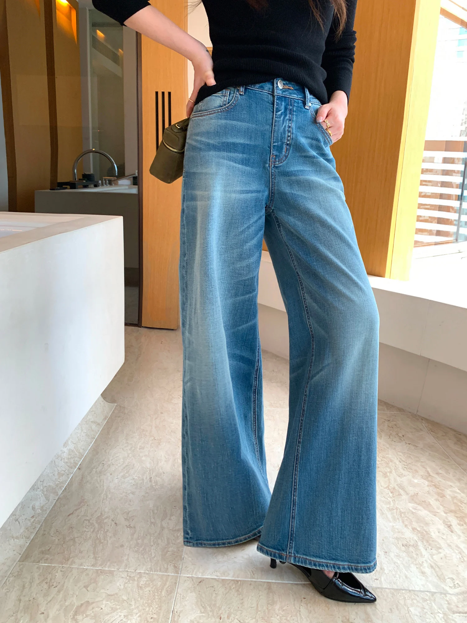 Pusumede Women's Wide Leg Jeans Loose Fit Straight Long Pants Draping Slimming American Style Floor-Length Trousers
