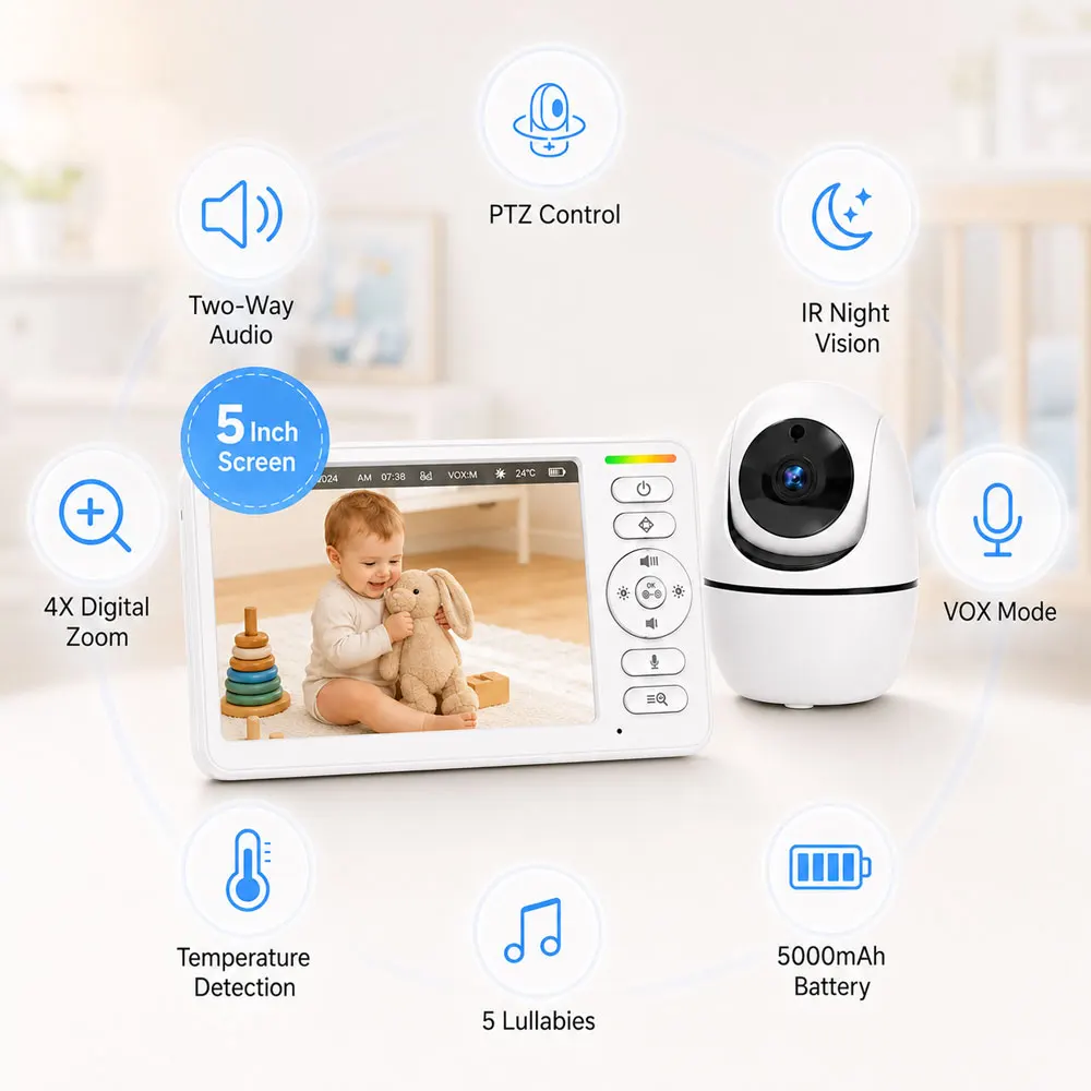 5-Zoll-PTZ-Babyphone-Kamera mit Audio, 5000mAh wiederaufladbarem Elternbildschirm, 4-fachem Digitalzoom, Zwei-Wege-Kommunikation, IR-Nachtsicht, VOX-Geräuscherkennung, Raumtemperaturüberwachung, 5 Schlaflieder, Fernüberwachung, kabelloser Videomonitor für Kinderzimmer, Schlafzimmer und Babypflege – Detail 6