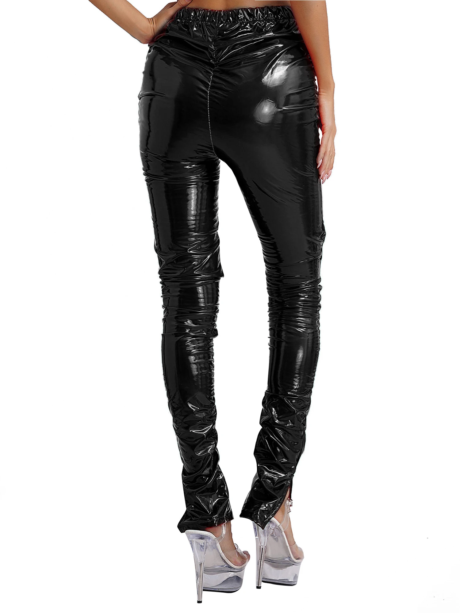 Womens Glossy PU Leather High Waist Long Pants Stacked Ruched Split Cuffs Tights Lining Leggings Nightclub Pole Dancing Costumes