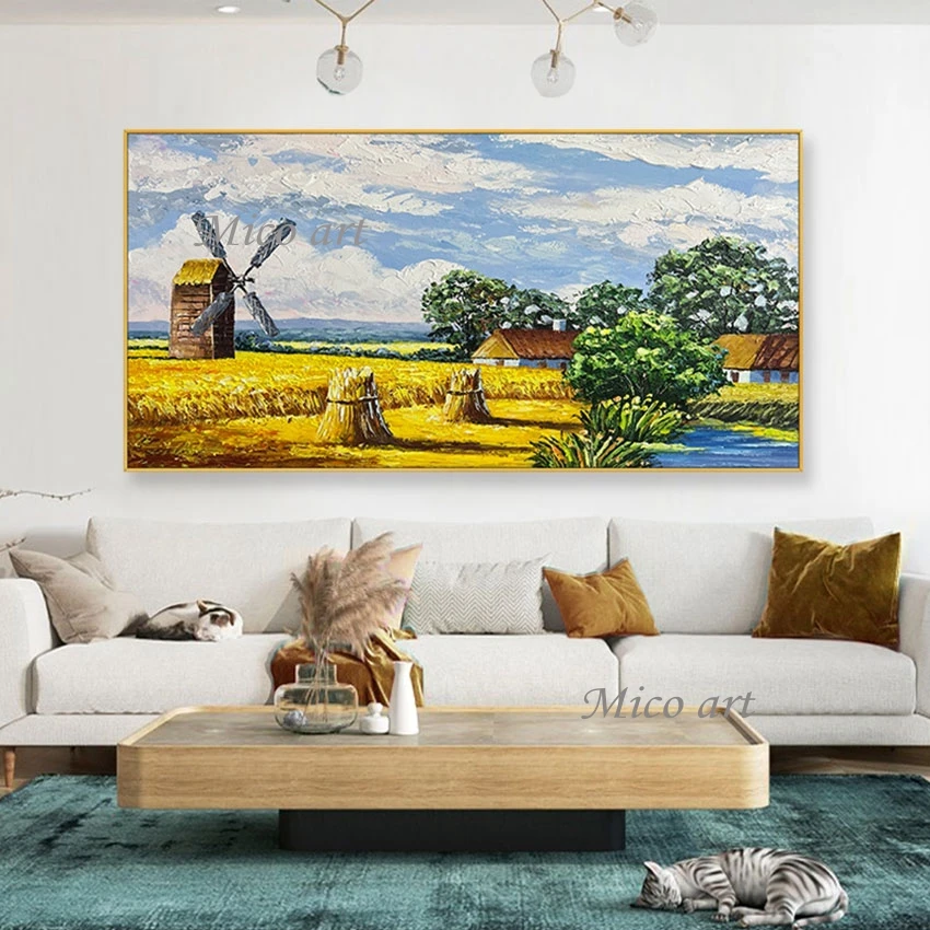 3D Farm Life Landscape Wall Art Picture Canvas Roll Unframed New Design Rice Paddies And Windmills Abstract Acrylic Painting