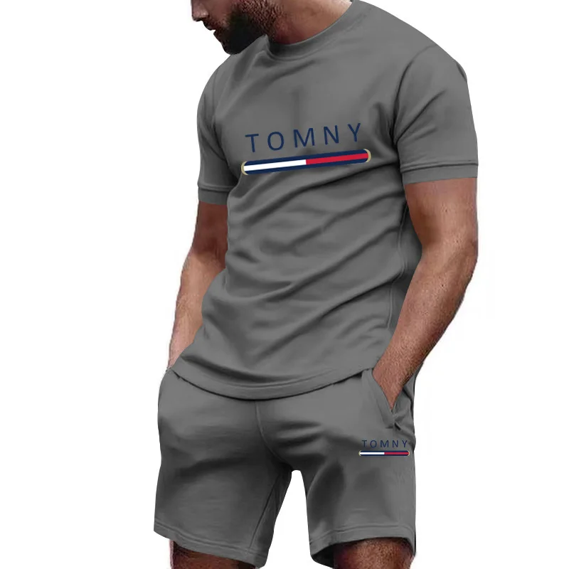 Outdoor Trendy Men's Suit Simple Letter Rose Patchwork Color Round Neck Short Sleeve Shorts Comfortable and breathable material image 6