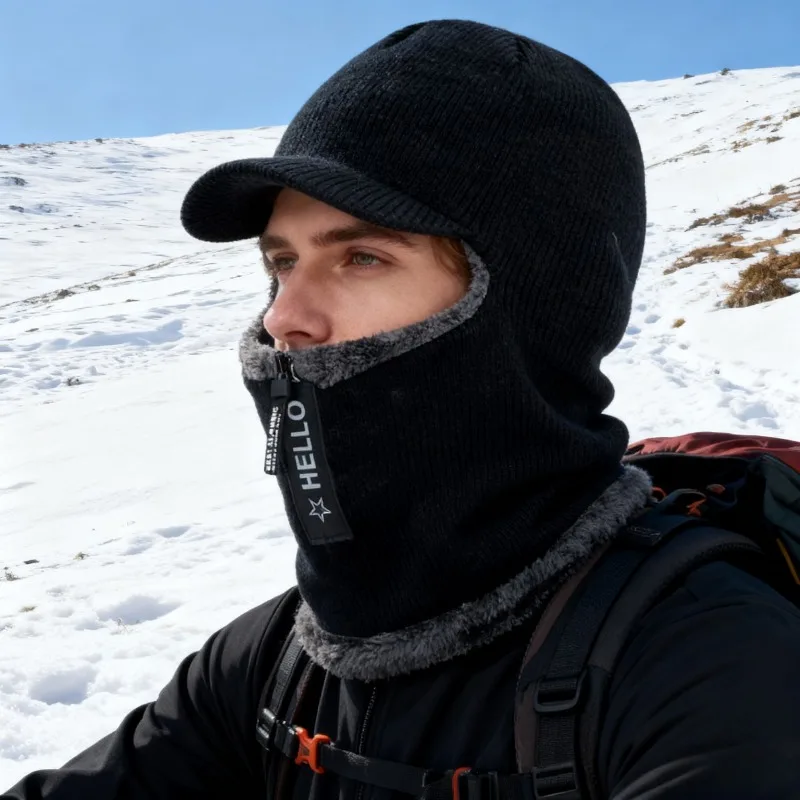 الرجال الشتاء الدافئة الصوف قبعة في الهواء الطلق حماية الأذن القبعات الدافئة سميكة دراجة محبوك كاب وشاح يندبروف أقنعة قبعة #4