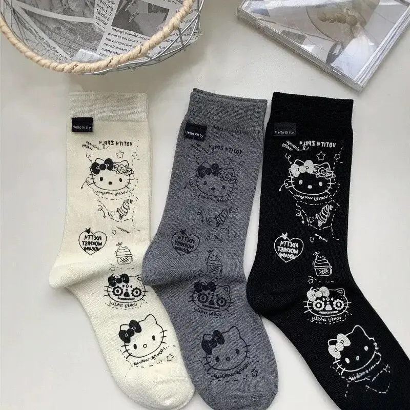 Kawaii Sanrio Hello Kitty Middle Socks Cartoon Anime Line Kt Autumn Winter Socks Creative Printing Soft Socks Daily Necessities