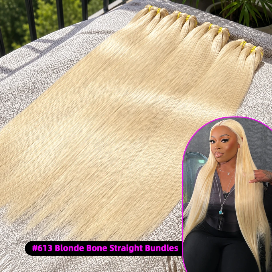 10-36 Inch 3 4 Bundles Double Weft Unprocessed Brazilian Hair Extensions Bone Straight Raw Virgin Human Hair Bundles #613 Blonde Human Hair Bundles