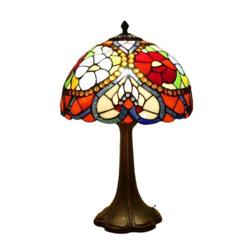 

12inch Tiffany Style Table Lamp Heart Rose Floral Lampshade Vintage Bedside Desk Accent Night Light Wide Reading Lamp