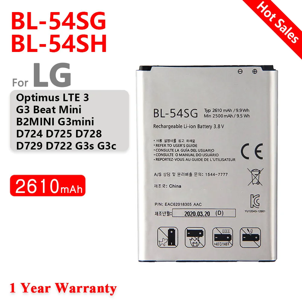 100% Original 2610mAh BL-54SH BL-54SG Battery For LG G2 F320 F340L H522Y F260 D728 D729 H778 H779 D722 lg90 D410 Phone Battery