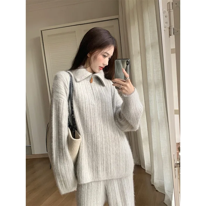 New Owmen Sprign Autumn Two Piece Top Sweater Knit Pullover Standing Collar Zippered Sweater Knitted Wide Leg Pants