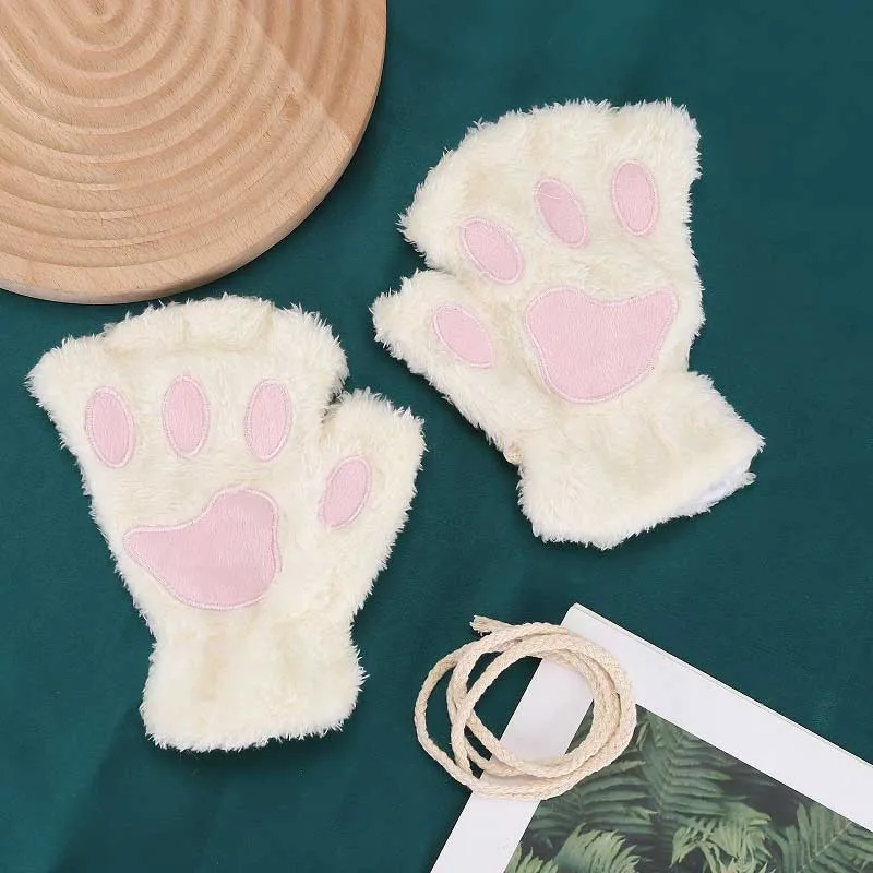 Lovely Cat Claw Paw Plush Gloves Women Winter Warm Half Finger Gloves White Cute Fluffy Girls Mittens Soft Short Cycling Gloves