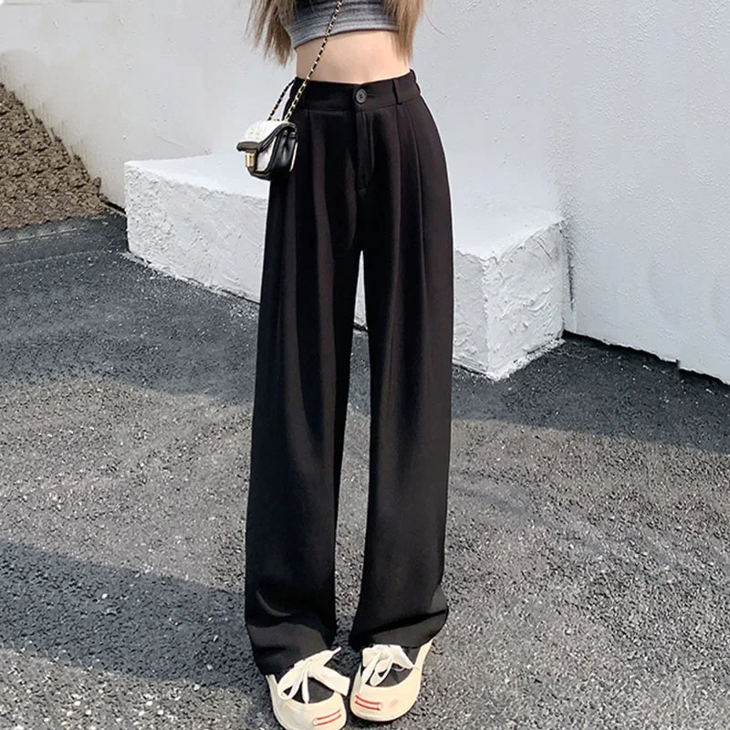 

Spring Summer Women High Waist Wide Leg Pants Solid Color Female Nine Points Suit Pants Casual Loose Straight Trouser Elastic