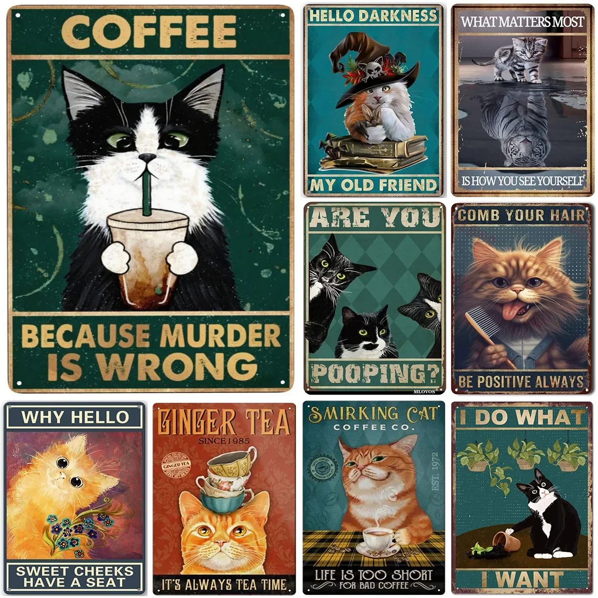 Retro Cat Coffee Metal Sign Vintage Kitchen Signs Wall Decor Because Murder Is Wrong Funny Signs Bar Decorations Art Poster