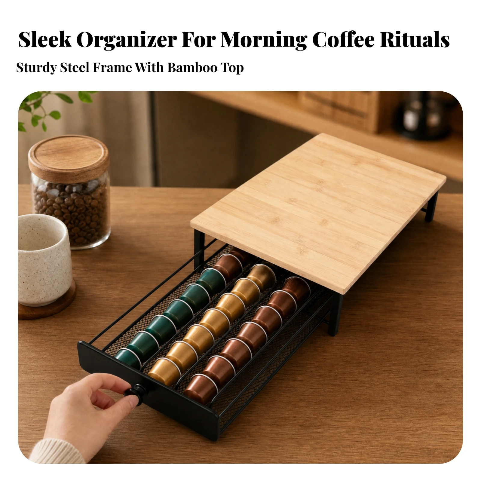 Coffee Capsule Drawer with Bamboo Top Compact Coffee Pod Holder with Wooden Board Stable Elevated for Kitchen Counter