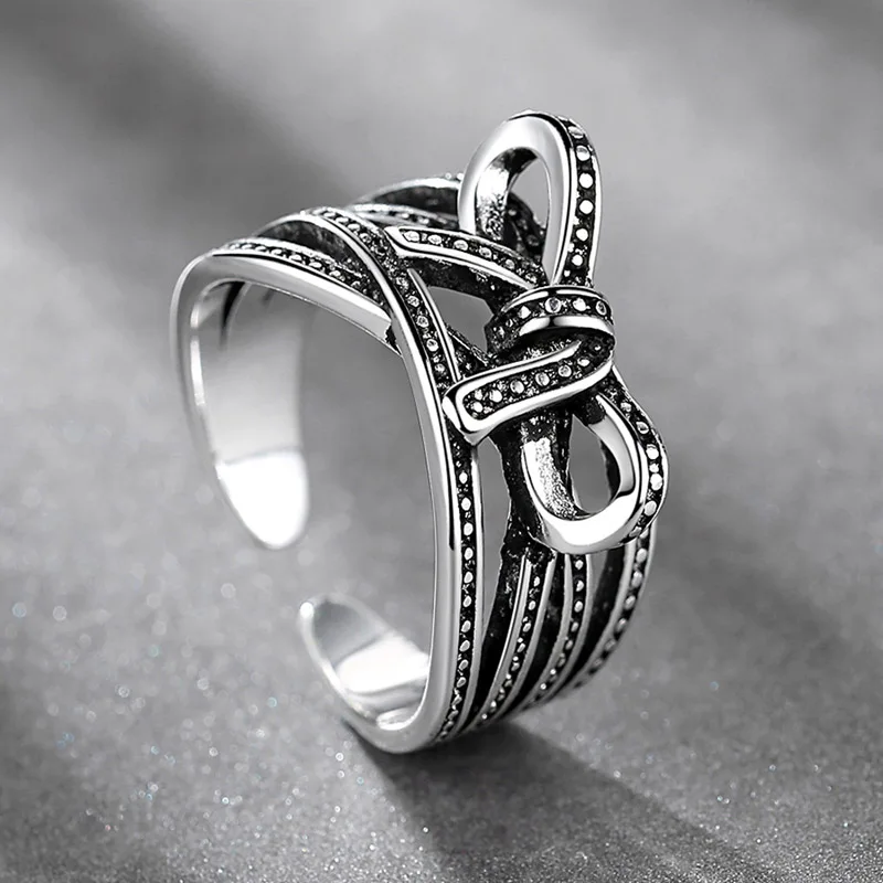 Entwined Wide Band Bow Open Ring For Women Silver Plated Lady Jewelry Girl Birthday Party Gift Adjustable Size