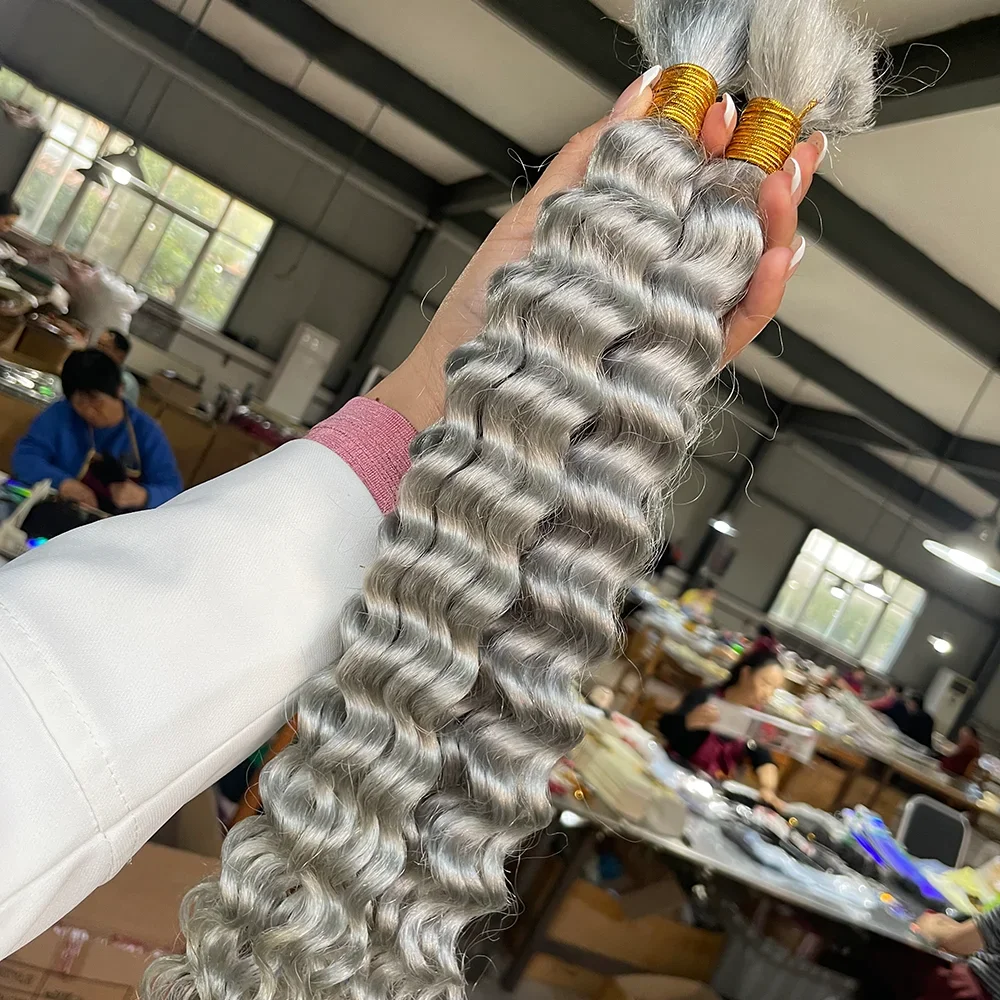 Menschliches Haar in großen Mengen, tief gewellt, zum Flechten, tief gelockt, ohne Tressen, brasilianische Remy-Haarverlängerungen, 100 Gramm, gefärbt in Grau/Ingwer/Braun – Detail 12