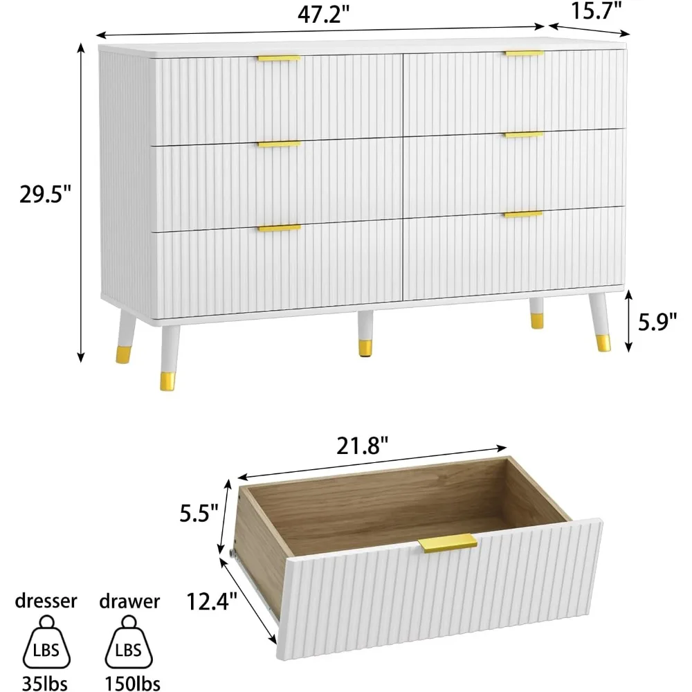​​White Dresser for Bedroom, Fluted 6 Drawer Dresser with Gold Metal Handles, Modern Chest of Drawers for Living Room, Bedroom,
