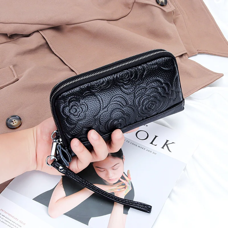 Moda kwiaty drukowanie torebka damska 100% prawdziwej skóry doskonała jakość kobiety Clutch Bag podwójny zamek błyskawiczny styl Wristlets torby