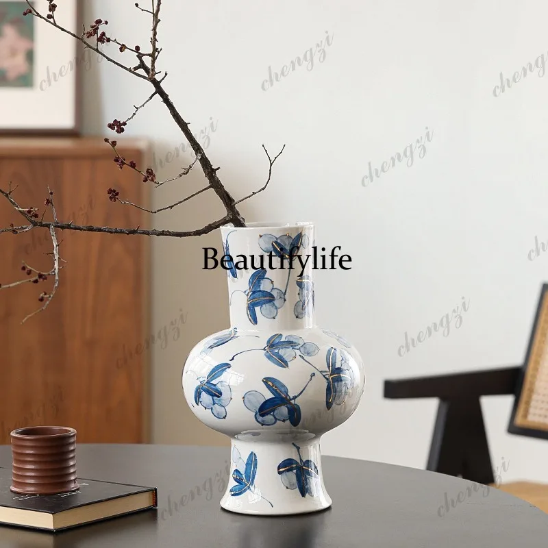 Ceramic vase retro Chinese blue and white porcelain ornament light luxury high sense living room large vase