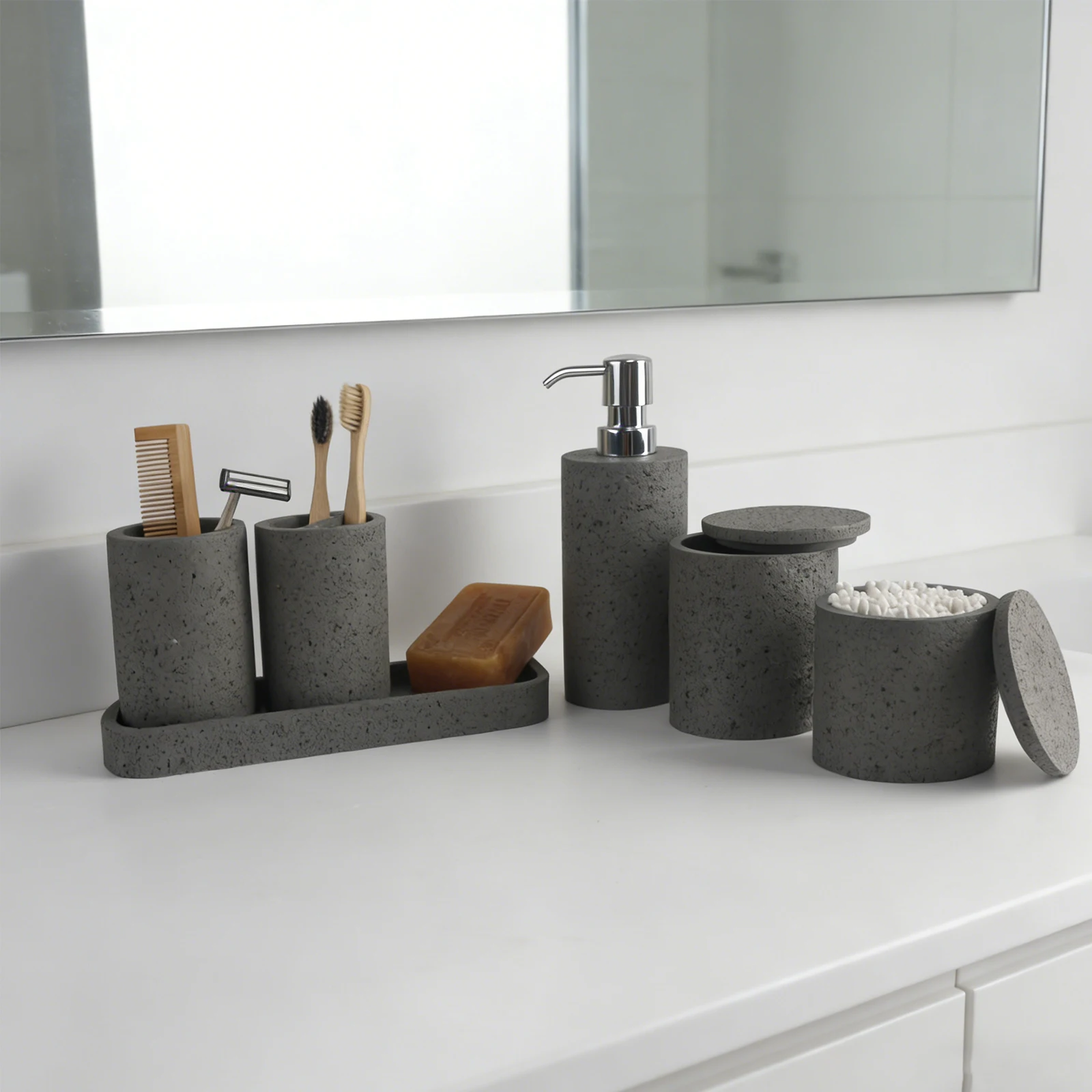 Bathroom Accessory Set, 6 Pieces Bathroom Set With Soap Dispenser, Toothbrush Holder, Tumbler, Vanity Tray, Cotton Swab Jars For Countertop, Modern Bathroom Set For Home Organizer And Decor