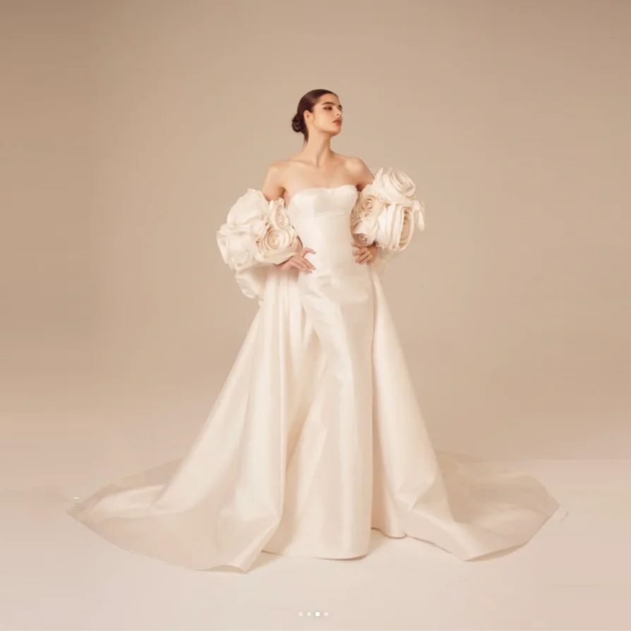 

Gorgeous Party Dresses with Cloak Mermaid Prom Wedding Gown Ruffles Bridal Dresses 3D Floral Ivory Dubai Arabian Wedding Gowns
