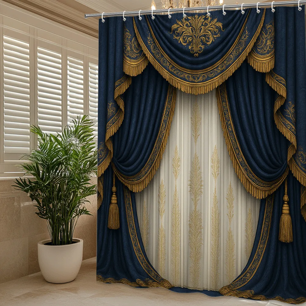 

Royal Blue Gold Embroidered Theater Shower Curtain Machine Washable All Season Waterproof Privacy Protection Design Elegant