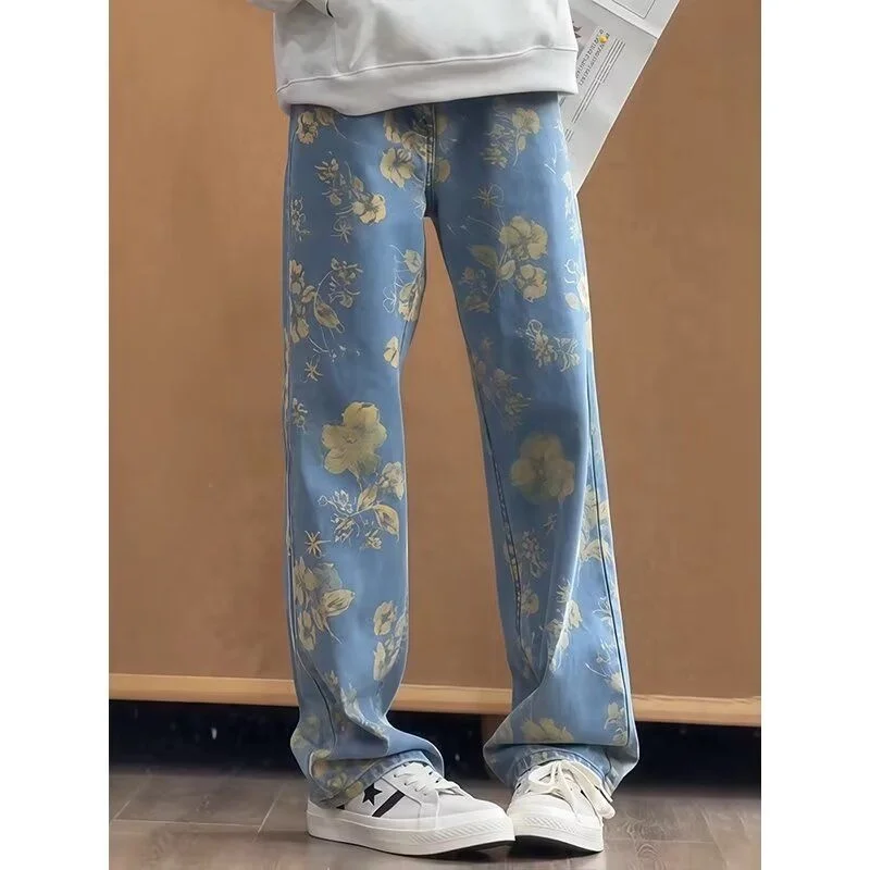 

Мужские джинсы Cleanfit с цветочной вышивкой, приталенные, прямые, в американском стиле, модные, из смесового хлопка и полиэстера, для молодежи