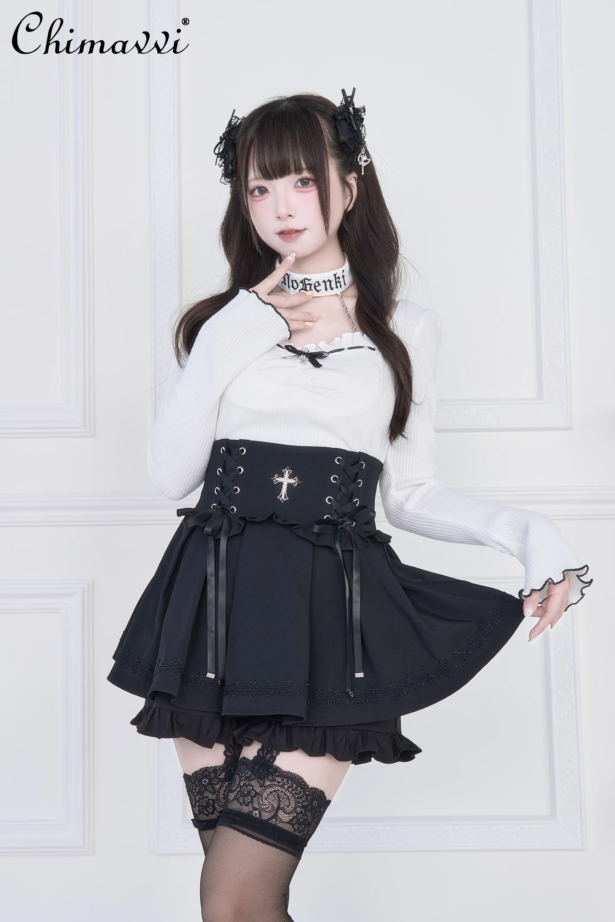 Оригинальный японский комплект Mine Series Subculture с кружевным воротником, облегающий топ с длинными рукавами и юбкой с высокой талией, комплект Subculture Lolita, комплект из 2 предметов