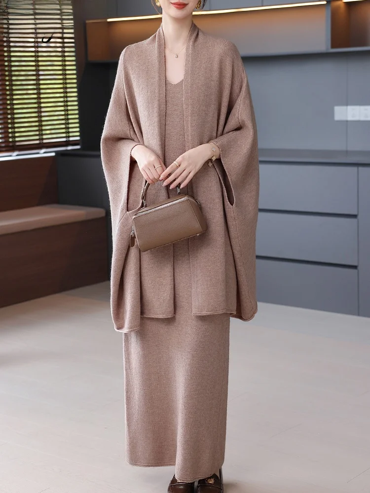 

Faionable Knitted Two-Piece Set for Middle-Aged Women Autumn Winter Clothes V-Ne Loose Fit Polyester Blend Dr And Jaet