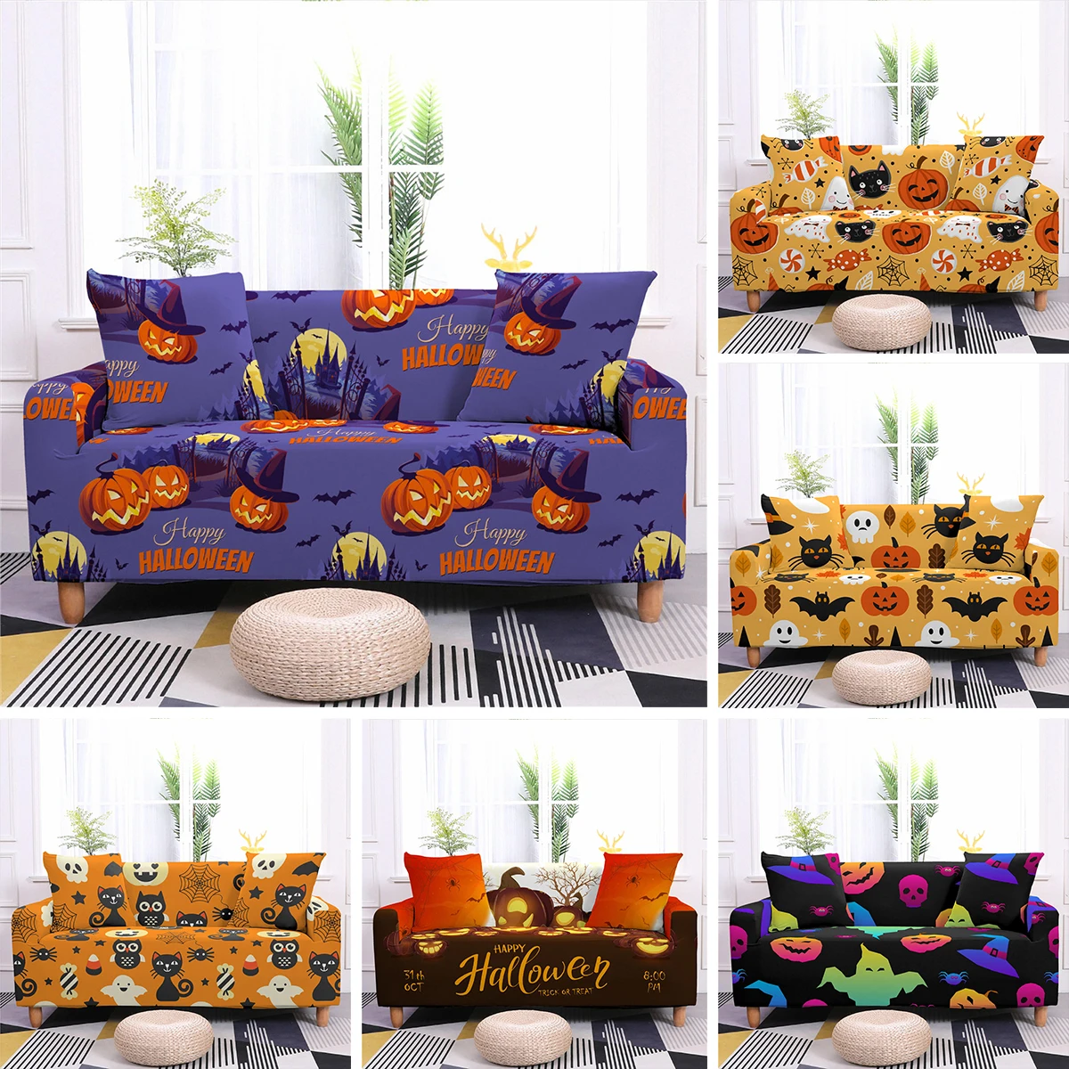 Halloween Elastic Sofa Cover for Living Room L Shape Sofa Corner Sofa Covers 1/2/3/4 Seater Couch Slipcovers Decor Housse Canapé