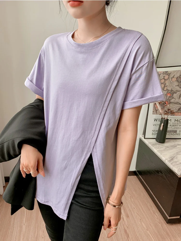 Loose Side Split Cotton Short Sleeve T-shirt Women Summer Casual Solid Color Basic Tshirt Round Neck tee Tops Female clothing