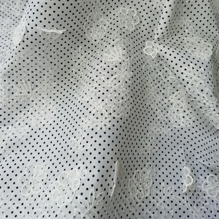 

Black polka dot printed base fabric with 3D floral lace embroidery fabric for women's wear children's wear designer fabric