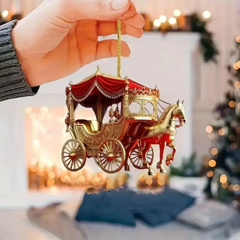 Carruaje de adorno navideño, caballo con trineo, adorno de árbol de Navidad acrílico 2D para decoración del hogar de invierno, mesa de coche, 1 Uds.