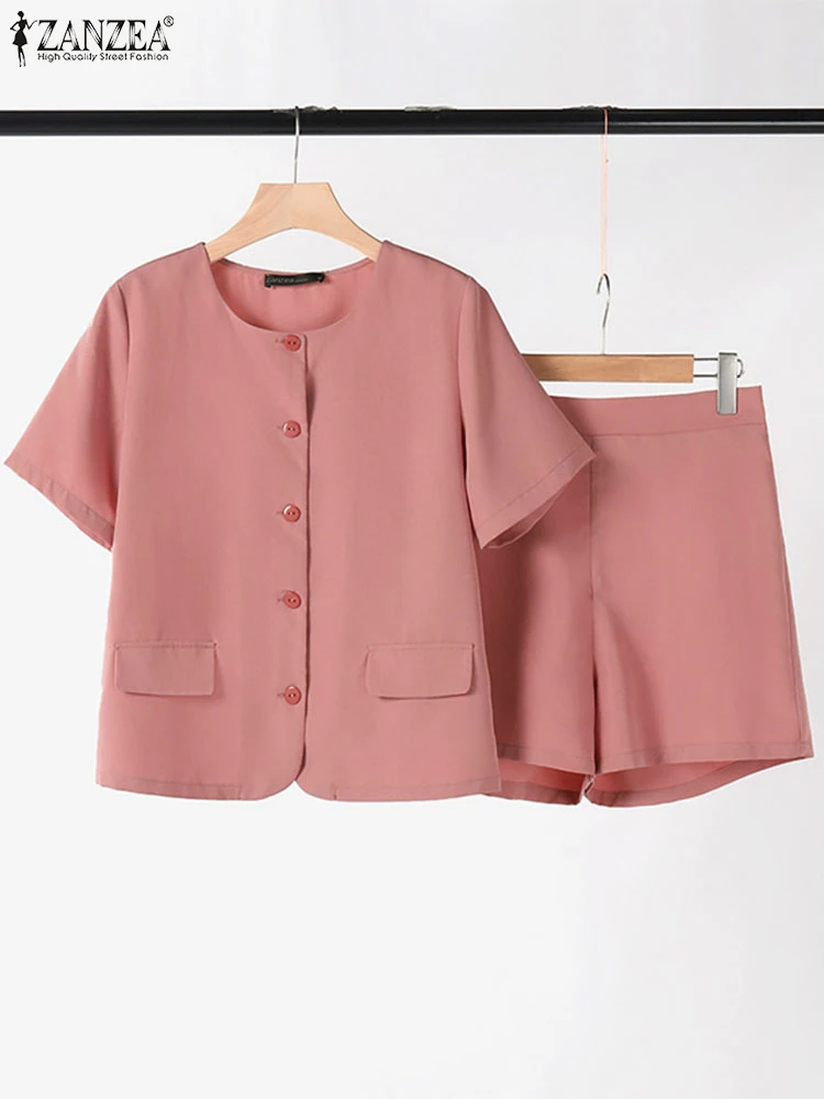 ZANZEA Casual 2-Piece Sets Women Short Sleeve Shirt Tops and Shorts 2pcs Outfits Solid Short Pant Suits Shorts Matching Sets