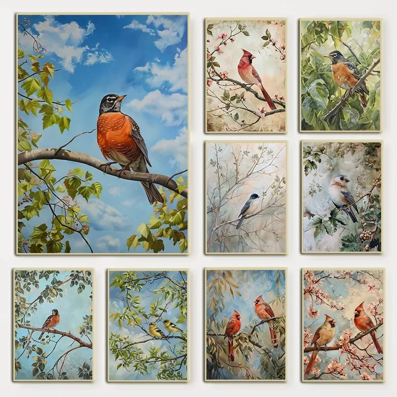 Vintage Neutral Farmhouse Bird Flower Poster Nature Animal Ornithology Canvas Painting Wall Art for Country Nursery Home Deco