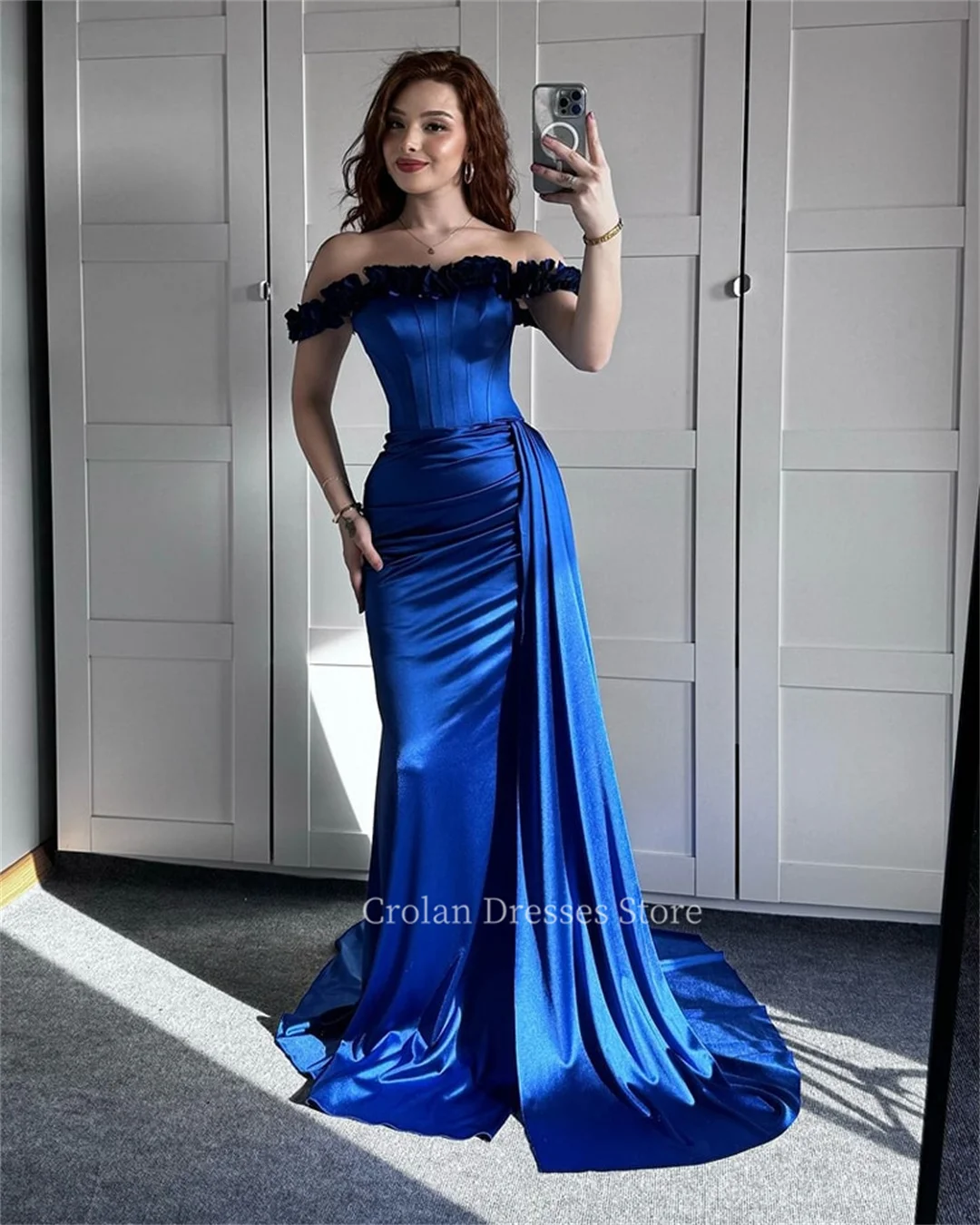 

Satin Off the Shoulder A-line Evening Dresses Flowers Boat-neck Corset Pleats Backless Elegant Cocktail Dress With Panel Train