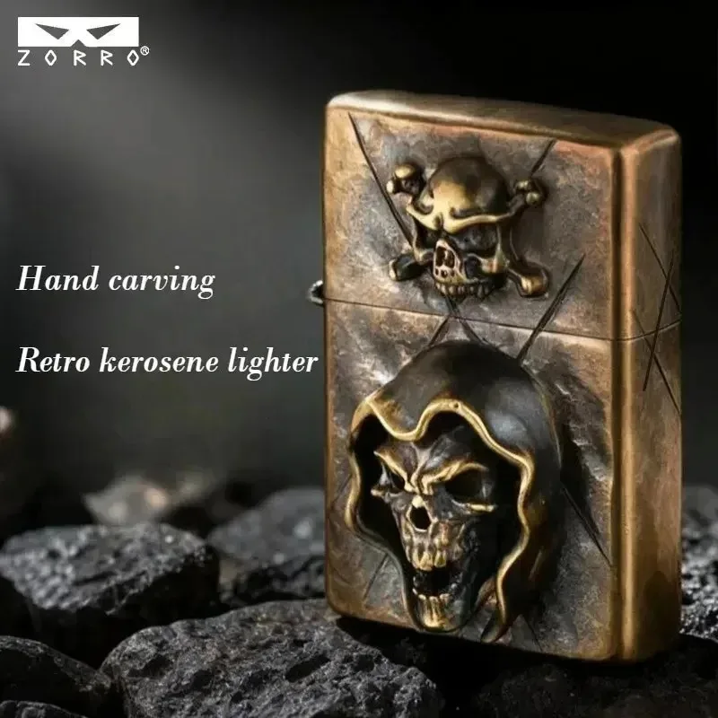 Zorro Original Copper Kerosine Lighter, Antique Carving, Old-fashioned Grinding Wheel Windproof Cigarette Lighter, Gift for Men