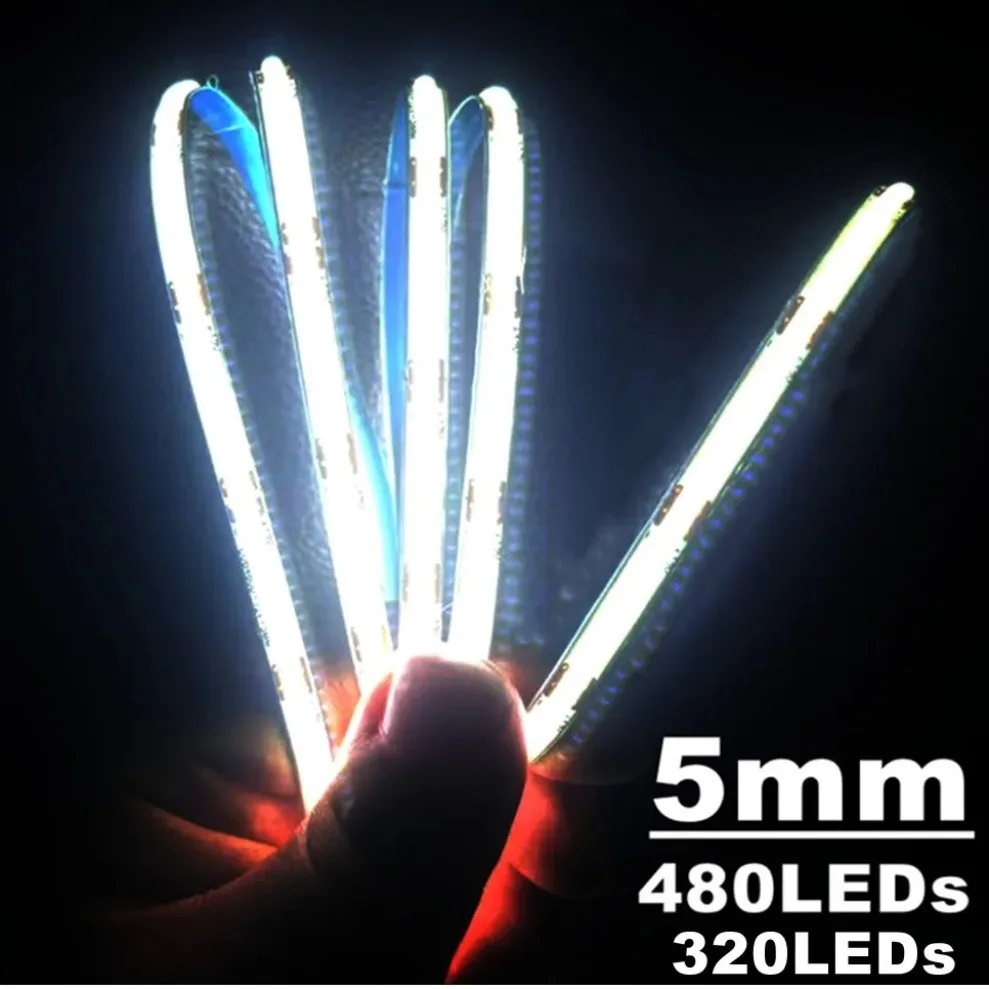 매우 얇은 COB LED 스트립 480LED/m 소프트 플렉시블 라이트 바, 따뜻한 차가운 흰색 장식 조명용, DC12 V, 24V, 3000K, 4000K, 6000K, 5mm