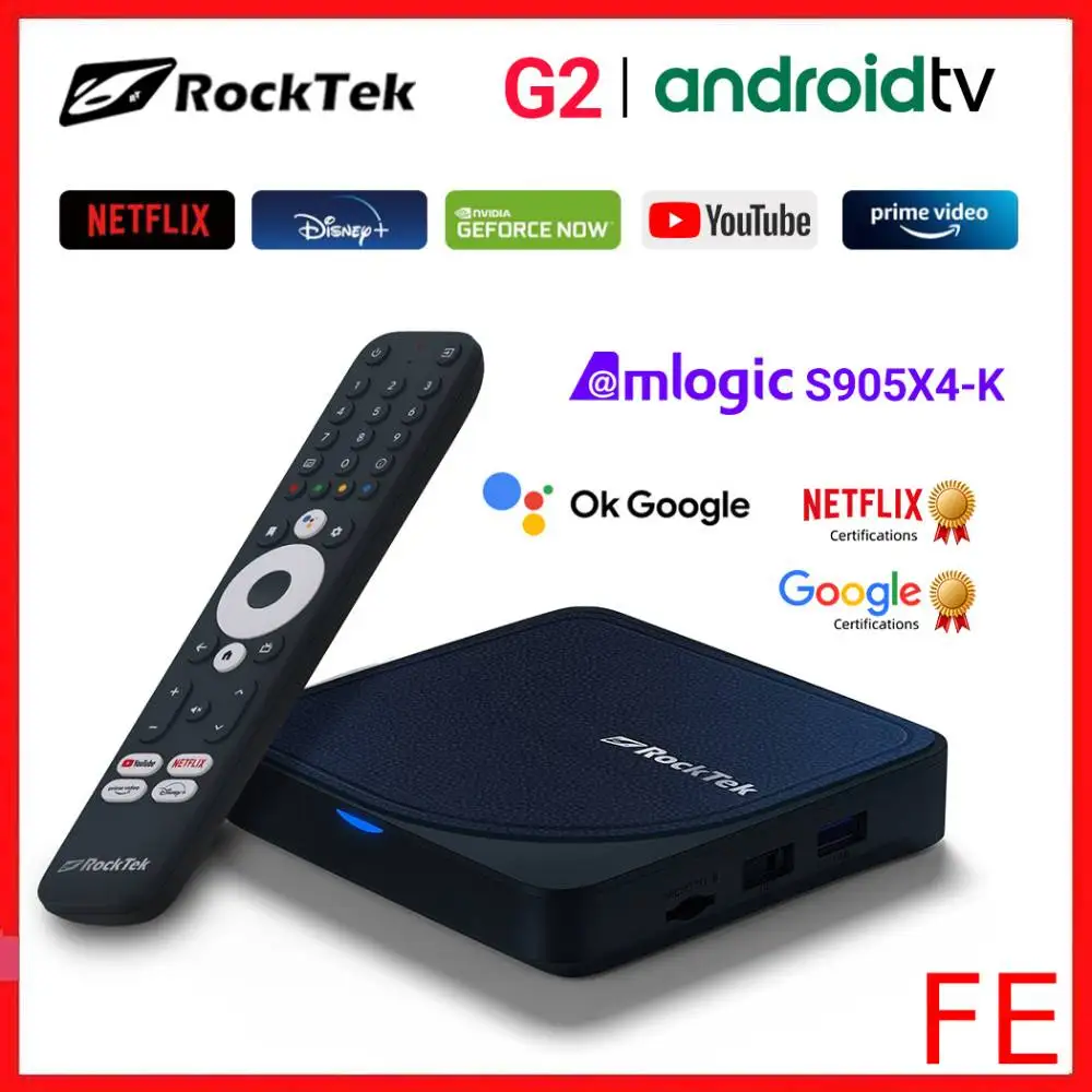 

Amlogic S905X4-K Media Player RockTek G2 4K TV Box Android 11 ATV Stream Netflix Google Certified DTS Dolby Audio Vision ATMOS