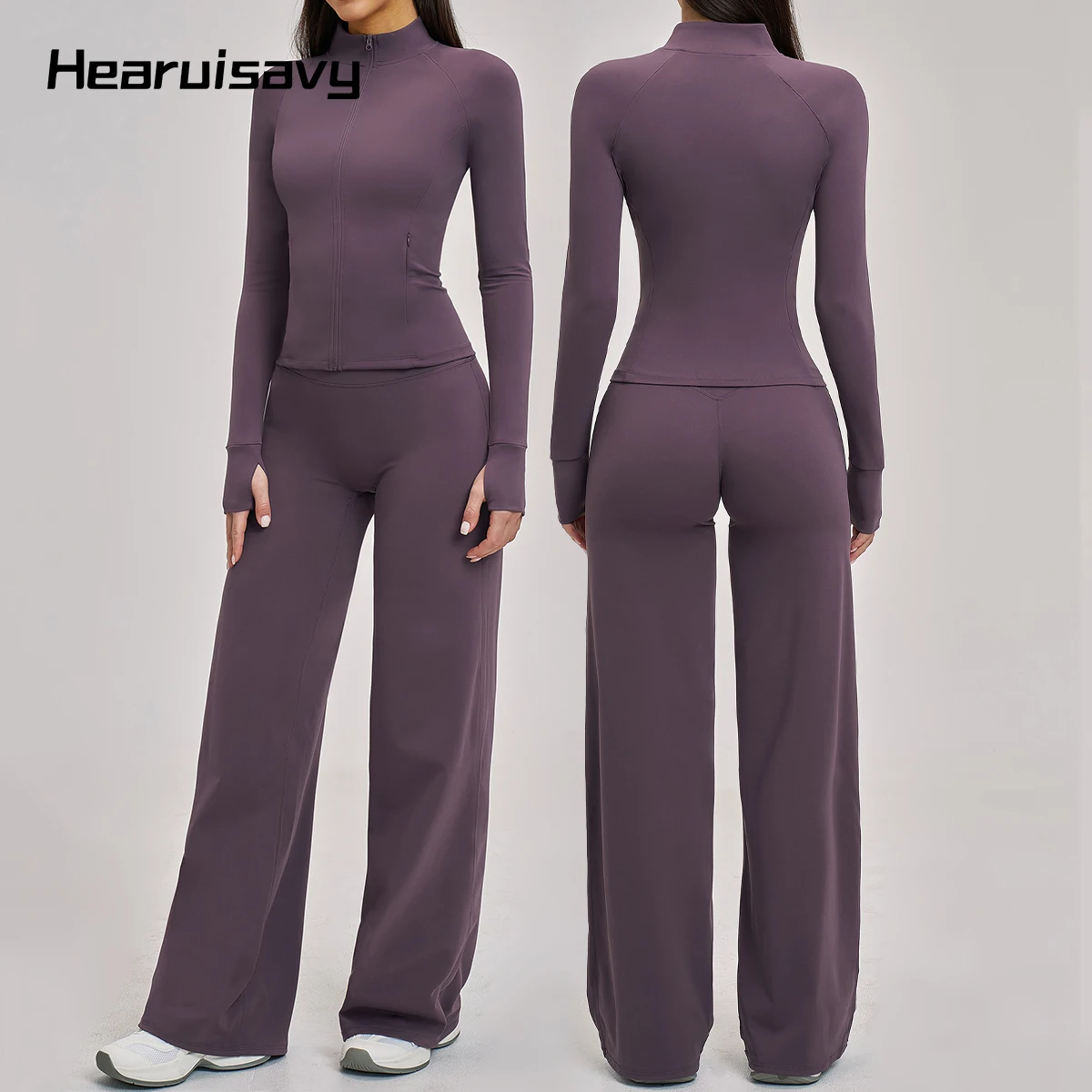 

Спортивный комплект Hearuisavy из 2 предметов: спортивные куртки с длинными рукавами на молнии с карманами и брюки для фитнеса с высокой талией и прямым кроем.